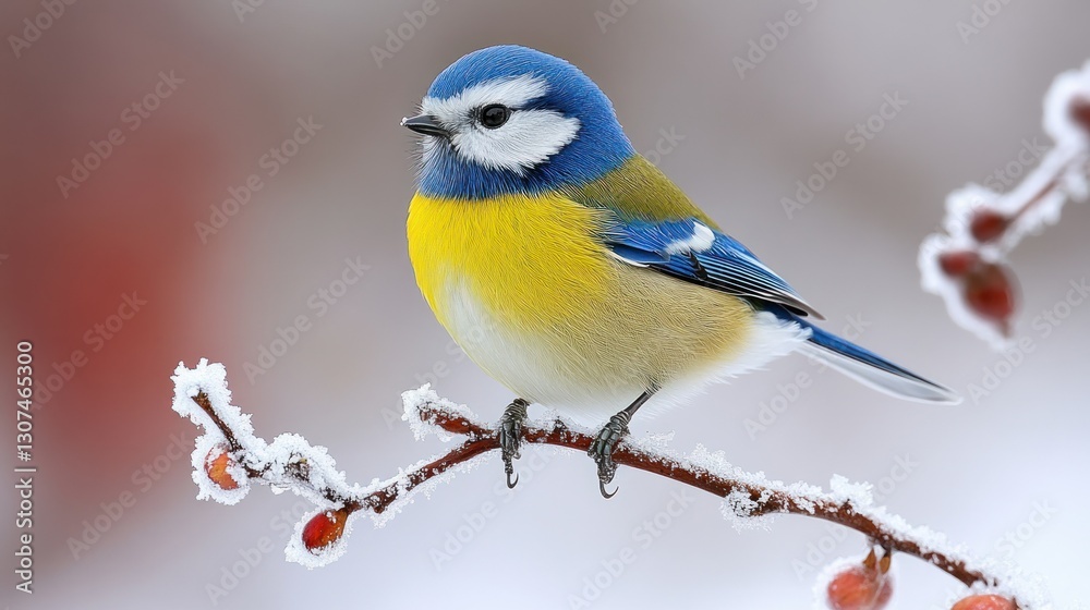 Fototapeta premium Winter bird perched on snowy branch
