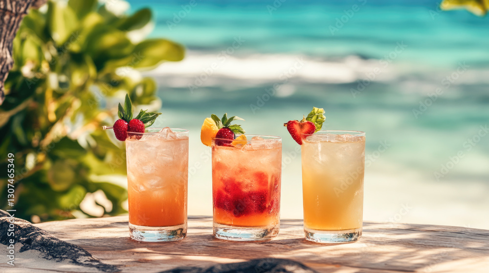 Obraz premium Refreshing summer cocktails on a tropical beach