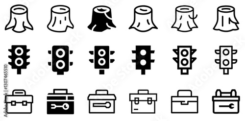 "Tree Stump, Traffic Lights, and Toolbox Icon Set – Nature and Utility Vector Symbols"
