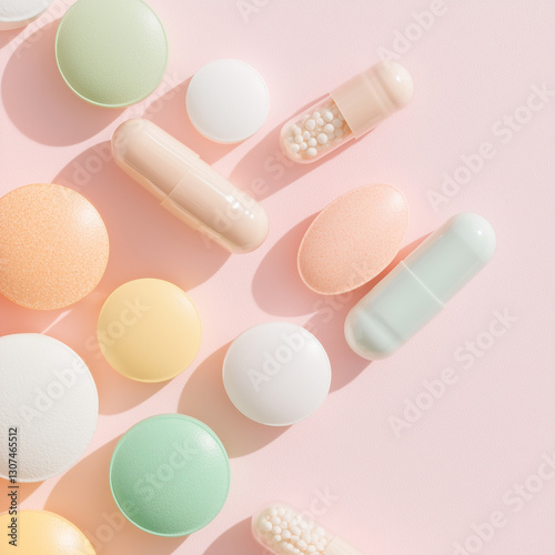 Various Medications and Pills on a Pastel Background, Pharmaceutical Drugs, Healthcare Concept  
