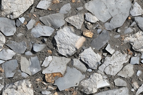 Seamless concrete stone debris textured surface made of various sizes of gray and brown rocks, with some pieces appearing sharp and angular, set in a grayish background.