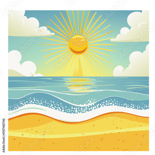 Bright and cheerful beach illustration featuring golden sand, gentle ocean waves, a radiant sun with stylized rays, and fluffy white clouds in a vibrant and artistic style.

