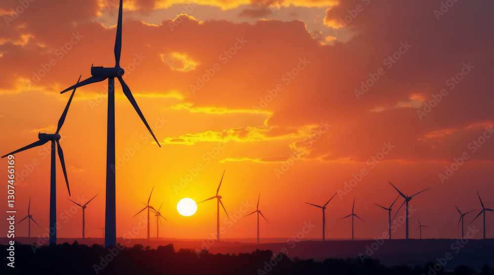 Obraz premium Wind Farm at Sunset – Renewable Energy Wind Turbines in Scenic Landscape