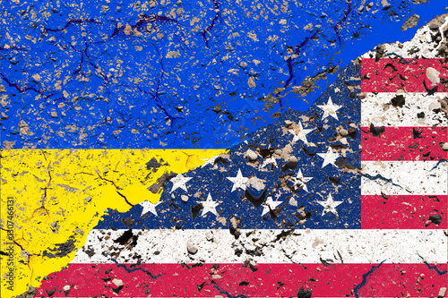 Conflict USA vs Ukraine war Confrontation flags split in front of