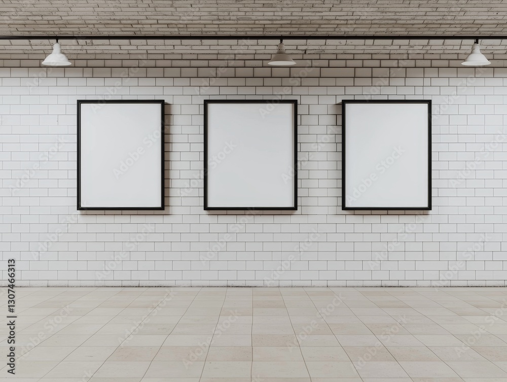 A minimalist gallery space featuring three empty frames on a white tiled wall, highlighting the potential for future artwork. A minimalist gallery space featuring three empty frames on a white tiled wall, highlighting the potential for future artwork.