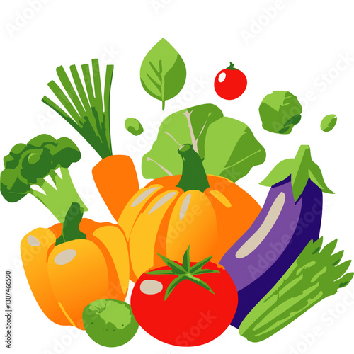 Vibrant vegetable illustration featuring a colorful assortment of fresh produce, including pumpkin, avocado, tomato, eggplant, corn, carrots, and leafy greens, arranged in a modern, minimalistic style