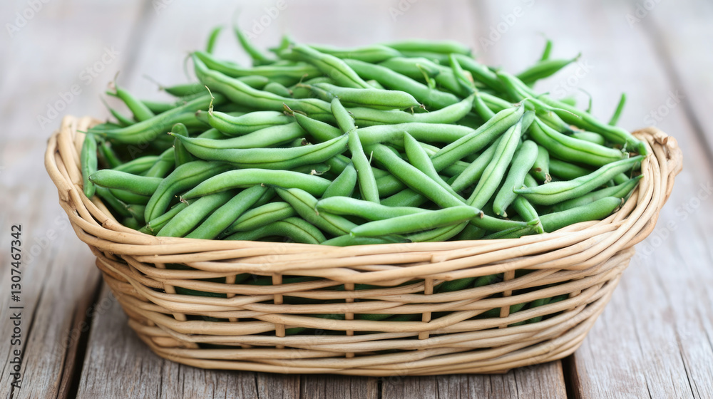 Fresh green beans in basket on wooden surface Fresh green beans in basket on wooden surface
