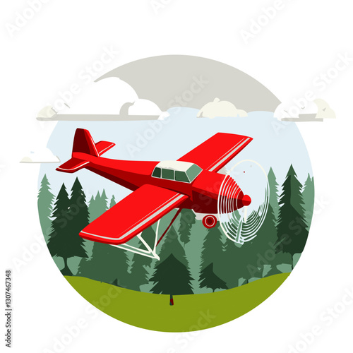 Illustration of a vintage red biplane soaring over a lush green forest, with a stylized background featuring clouds and treetops in a modern, minimalistic art style.

