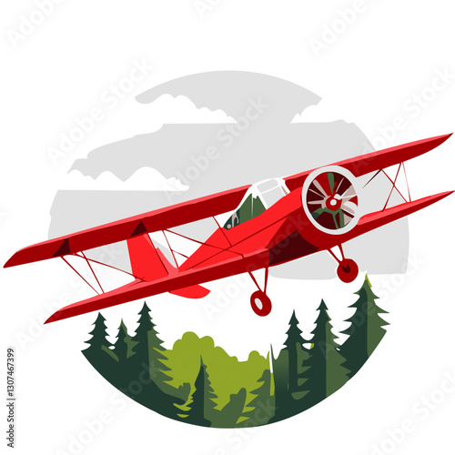 Illustration of a vintage red biplane soaring over a lush green forest, with a stylized background featuring clouds and treetops in a modern, minimalistic art style.

