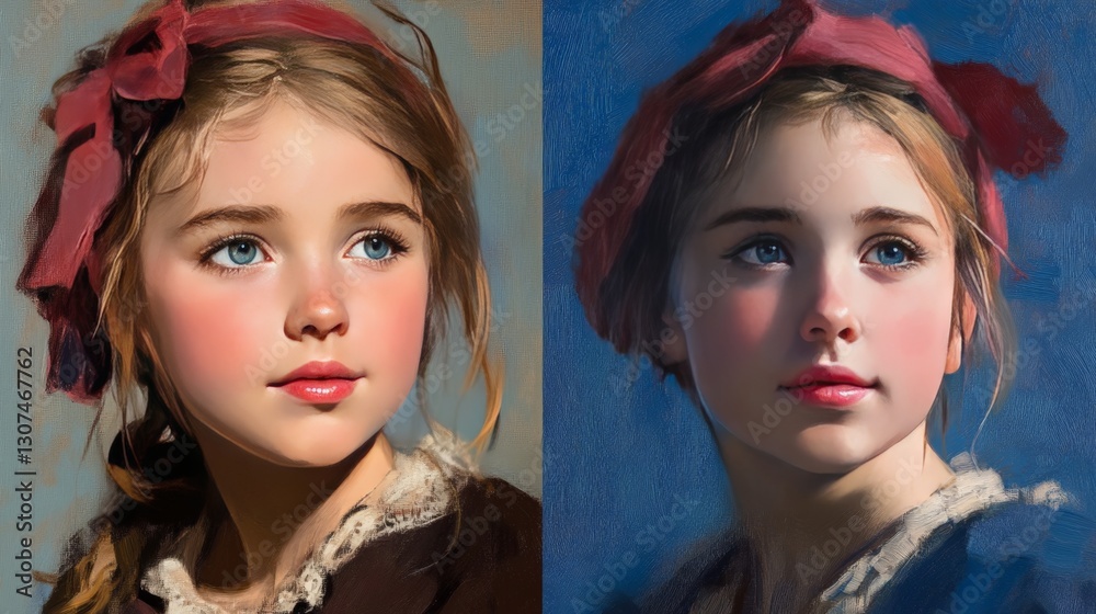 Naklejka premium Portrait of a Young Girl with Blue Eyes and Ribbon
