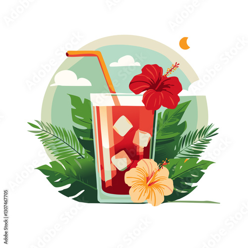 Refreshing hibiscus iced tea illustration featuring a tall glass filled with a vibrant red drink, ice cubes, and a black straw, surrounded by lush green leaves, hibiscus flowers, and a slice of orange