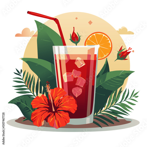 Refreshing hibiscus drink illustration featuring a tall glass filled with red iced tea, surrounded by tropical leaves, a hibiscus flower, and a slice of orange in a vibrant, botanical setting.

