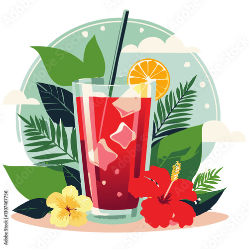 Refreshing hibiscus iced tea illustration featuring a tall glass filled with a vibrant red drink, ice cubes, and a black straw, surrounded by lush green leaves, hibiscus flowers, and a slice of orange