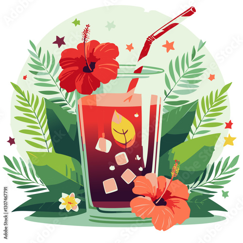 Refreshing hibiscus drink illustration featuring a tall glass filled with red iced tea, surrounded by tropical leaves, a hibiscus flower, and a slice of orange in a vibrant, botanical setting.

