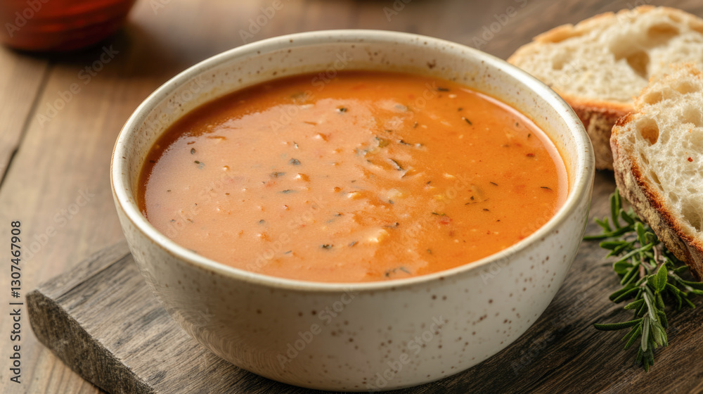 Creamy tomato soup in speckled bowl with rustic bread on wooden board Creamy tomato soup in speckled bowl with rustic bread on wooden board