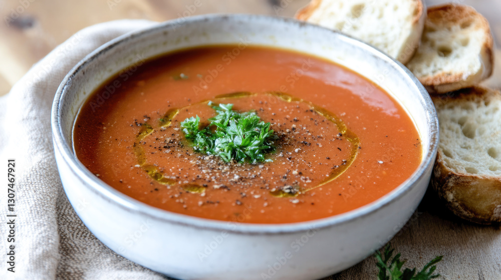 Delicious tomato soup with fresh herbs and bread slices on rustic table Delicious tomato soup with fresh herbs and bread slices on rustic table
