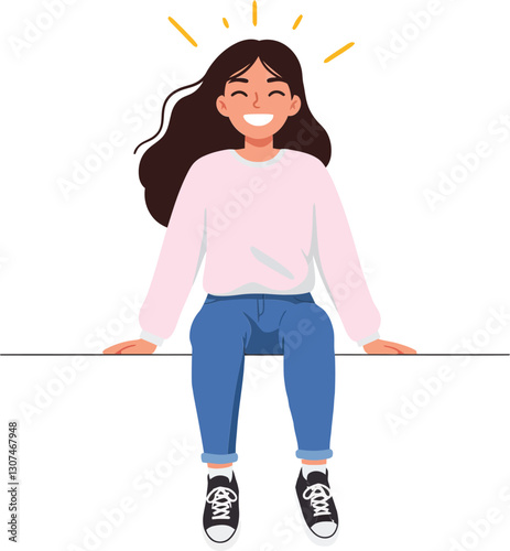 Cheerful young woman with long hair wearing casual clothes sitting on a ledge in a flat vector illustration