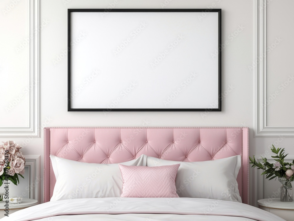 Naklejka premium A stylish bedroom showcases a pink tufted headboard, white bedding, and a blank framed picture above, complemented by floral decor on either side.
