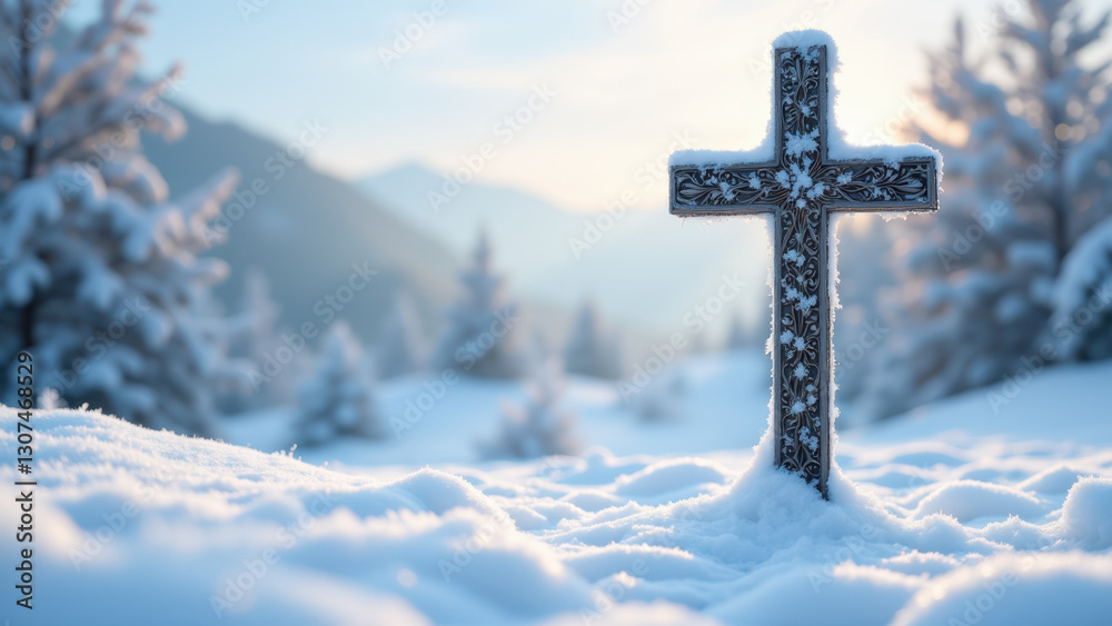 Cross in snowy landscape with mountains in background. Cross in snowy landscape with mountains in background.