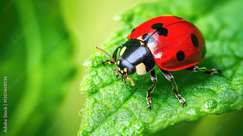 Vibrant red ladybug resting on green leaf close-up Vibrant red ladybug resting on green leaf close-up
