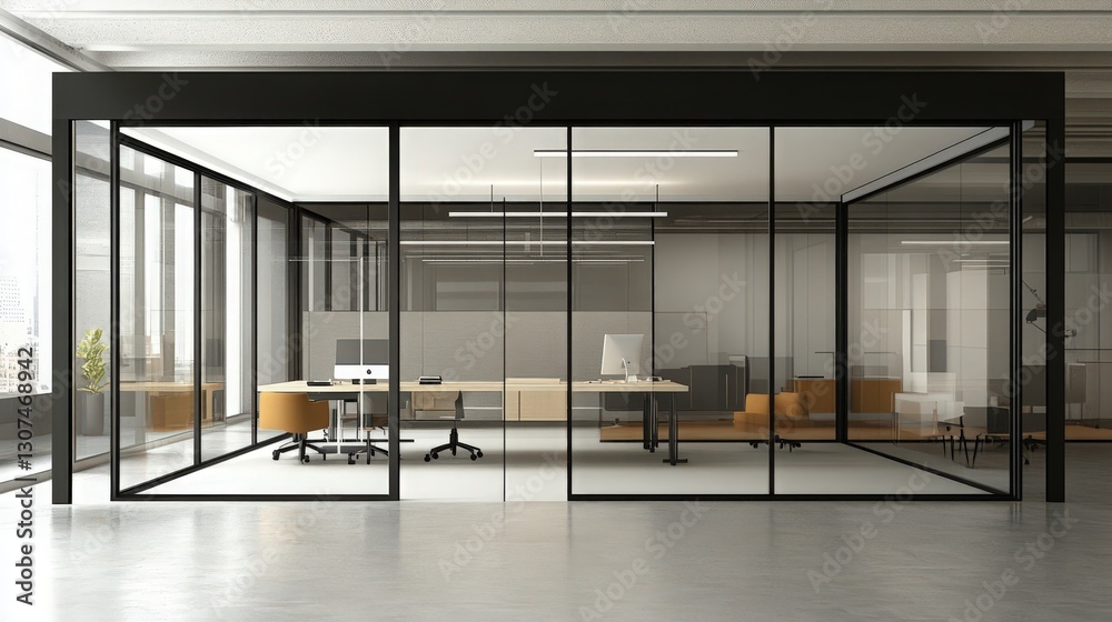 Fototapeta premium Modern corporate workspace featuring glass enclosed offices and open floor plan