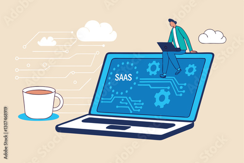 SaaS software as a service, cloud computing software for client subscription, internet web application online platform provider concept, businessman working with computer laptop on SaaS screen.