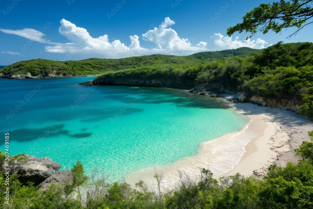 Fototapeta premium Stunning aerial view of a tranquil cove featuring vibrant turquoise waters and lush green hills, offering a serene escape from the ordinary