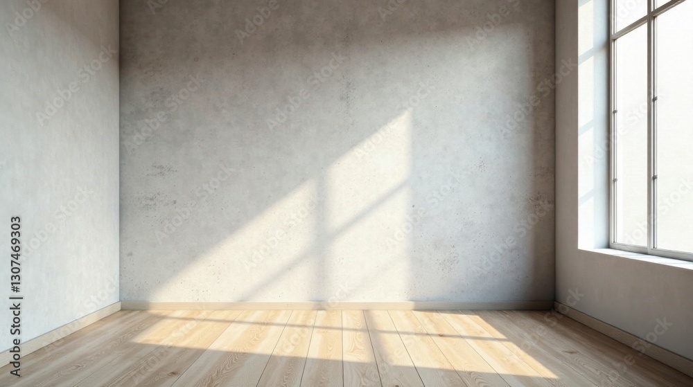 Sunlit Empty Room with Light Wood Floor and Concrete Wall Sunlit Empty Room with Light Wood Floor and Concrete Wall