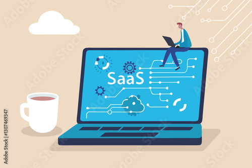 SaaS software as a service, cloud computing software for client subscription, internet web application online platform provider concept, businessman working with computer laptop on SaaS screen.