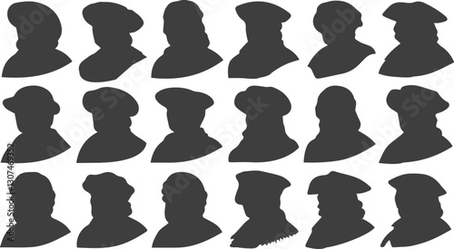 Collection of Vintage Male Silhouettes in Profile View Wearing Historical Hats and Outfits for Retro or Heritage Design Projects