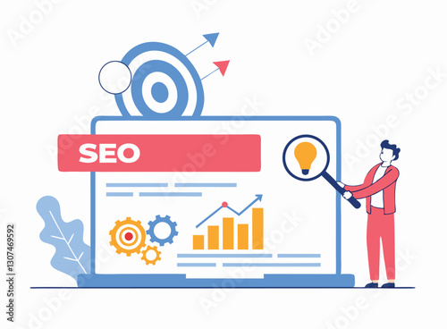 Change SEO ranking position. Search screen page with magnifier . Vector illustration flat design style. SEO, Search Engine Optimization, Top ranking Concept, Flat Vector