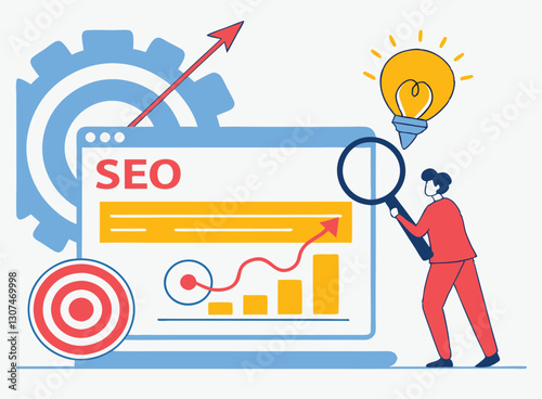 Change SEO ranking position. Search screen page with magnifier . Vector illustration flat design style. SEO, Search Engine Optimization, Top ranking Concept, Flat Vector