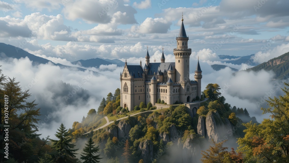 Bavarian Castle, Mountaintop, Clouds, Scenic Bavarian Castle, Mountaintop, Clouds, Scenic