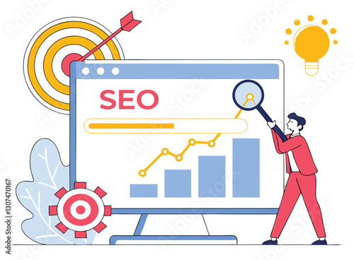 Change SEO ranking position. Search screen page with magnifier . Vector illustration flat design style. SEO, Search Engine Optimization, Top ranking Concept, Flat Vector