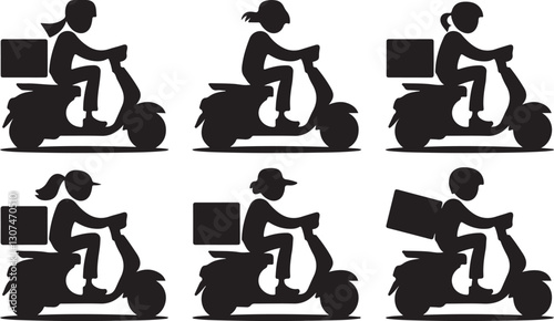 Silhouette of Female Courier Riders on Scooters with Boxes Delivery Vector Icon Set for Urban, Logistics and Transportation Designs