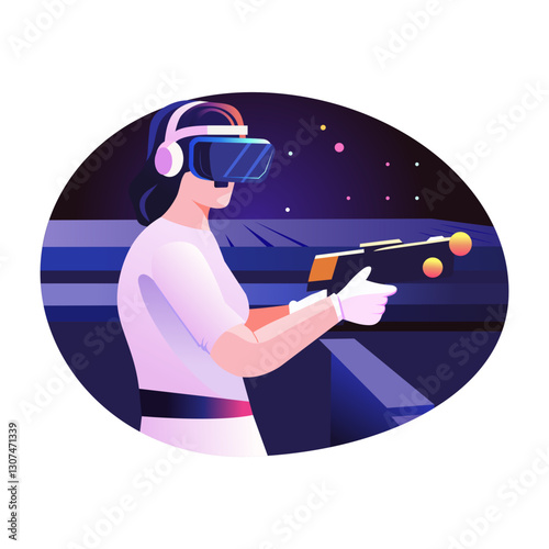 Virtual gaming character holding a blaster gun, flat illustration