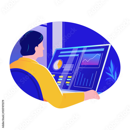A flat illustration of ai analyst auditing dashboard report