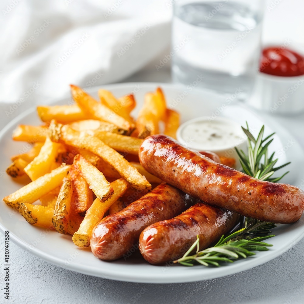 Grilled Sausages with Golden Brown French Fries and Creamy Dipping Sauce Grilled Sausages with Golden Brown French Fries and Creamy Dipping Sauce