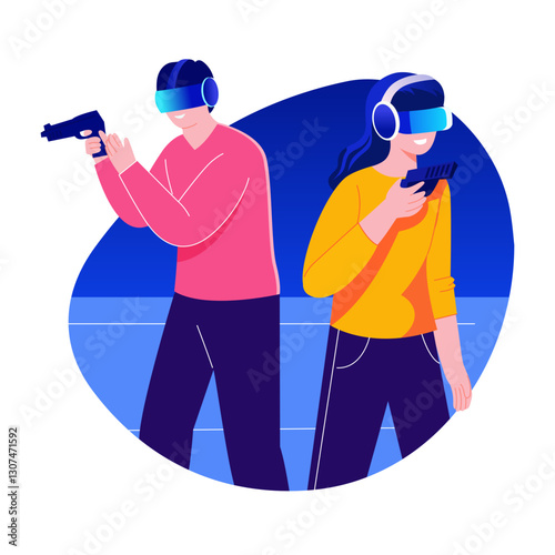 Persons playing shooting game using vr technology, flat illustration
