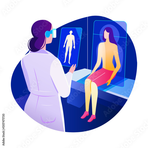 A flat style illustration of a virtual doctor checking patients