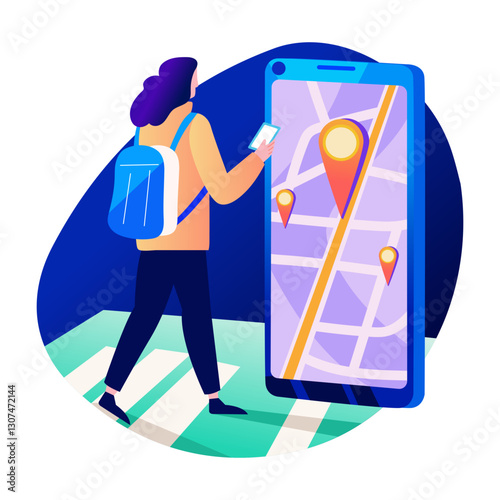 A flat style illustration of a character using online navigation app