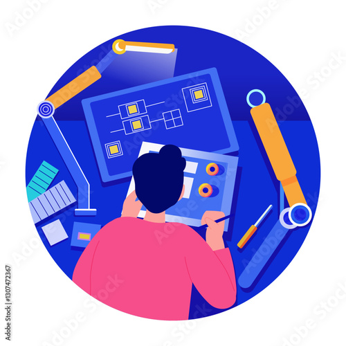 A flat style illustration of a character doing prototyping