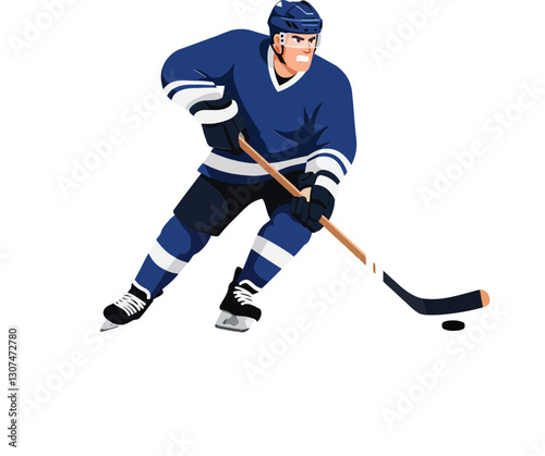 Hockey player in blue uniform skillfully maneuvering puck on ice rink in dynamic flat vector illustration