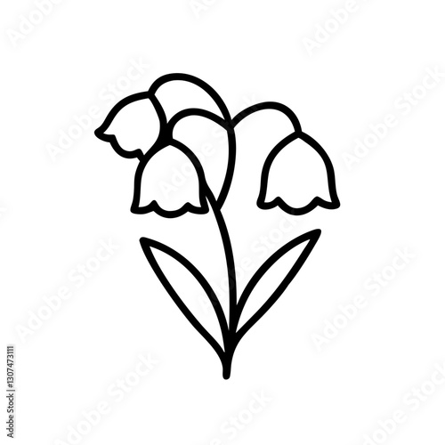 Flower icon with bell-shaped blossoms and leaves, black outline, modern design