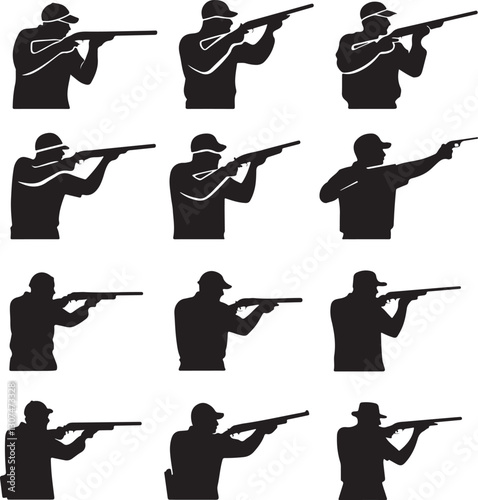 Silhouettes of Hunters Aiming with Rifles in Various Poses Vector Icons for Hunting, Sport and Outdoor Target