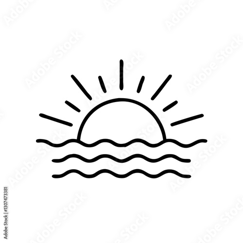Sunrise icon over waves, representing a new day, black outline, modern design