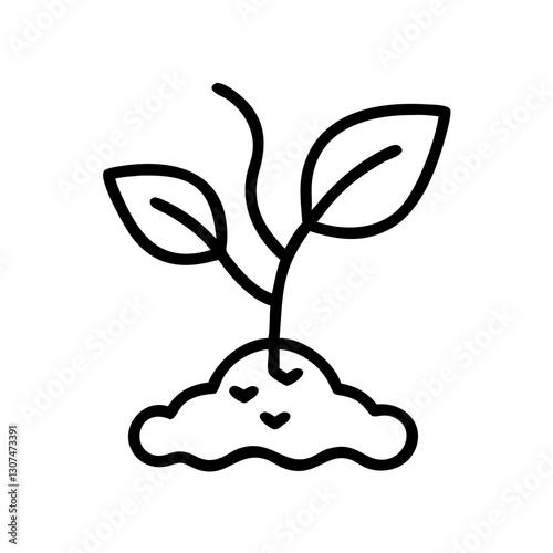 Sprouting plant icon with leaves growing from soil, black outline, modern design