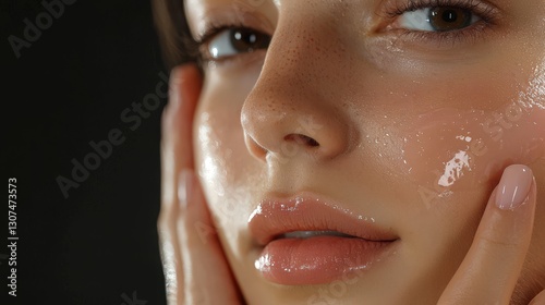 Woman applying thick white cream on her face for skincare routine and facial treatment in bright indoor setting photo