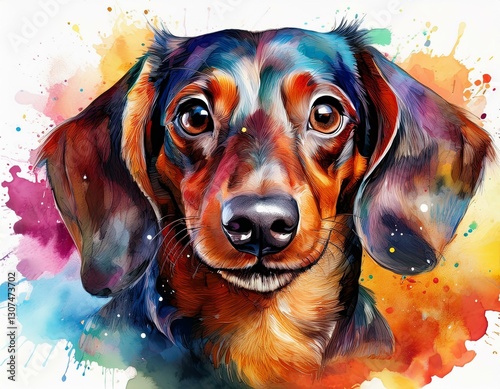 watercolor illustration of a playful dachshund dog with vibrant colors isolated on white background