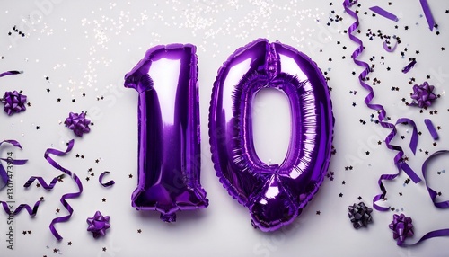 Purple balloon number 10 for tenth birthday or anniversary party. White background with confetti photo